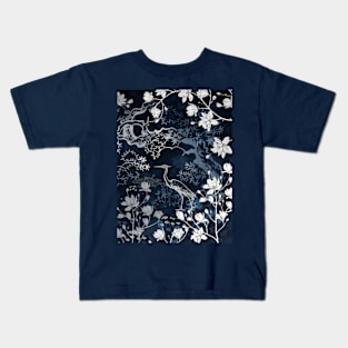 Heron bird on dark background with magnolia e sakura tree Kids T-Shirt